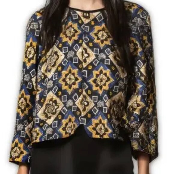 LOFT Kimono Jacket Embroidered Damask Blue Yellow L NWT - Picture 1 of 7